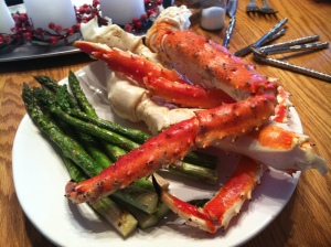 Alaskan King crab legs with roasted asparagus.
