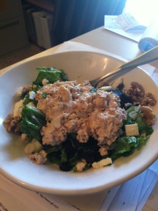 Wild Planet canned salmon salad with a little mayo, green onion over mixed greens, dried tart cherries, feta cheese, shredded carrot, cucumber, and walnuts.  Typical work day lunch for me.