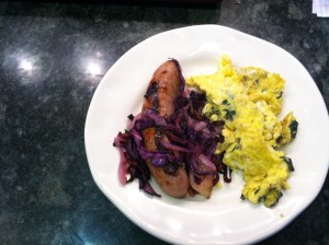 Scrambled eggs with spinach and leftover wild boar sausages with sauteed red cabbage and onions.  I will be buying those wild boar sausages again!