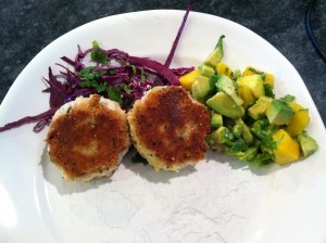 Paleo crab cakes with red cabbage slaw, and avocado mango salsa.  Probably my favorite meal so far in the past 10 weeks!