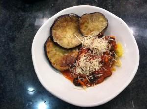 Primal Spaghetti Squash Primavera with Fried Eggplant - The eggplant didn't turn out well (breaded in coconut flour).  I much prefer to bread in coarse almond meal.